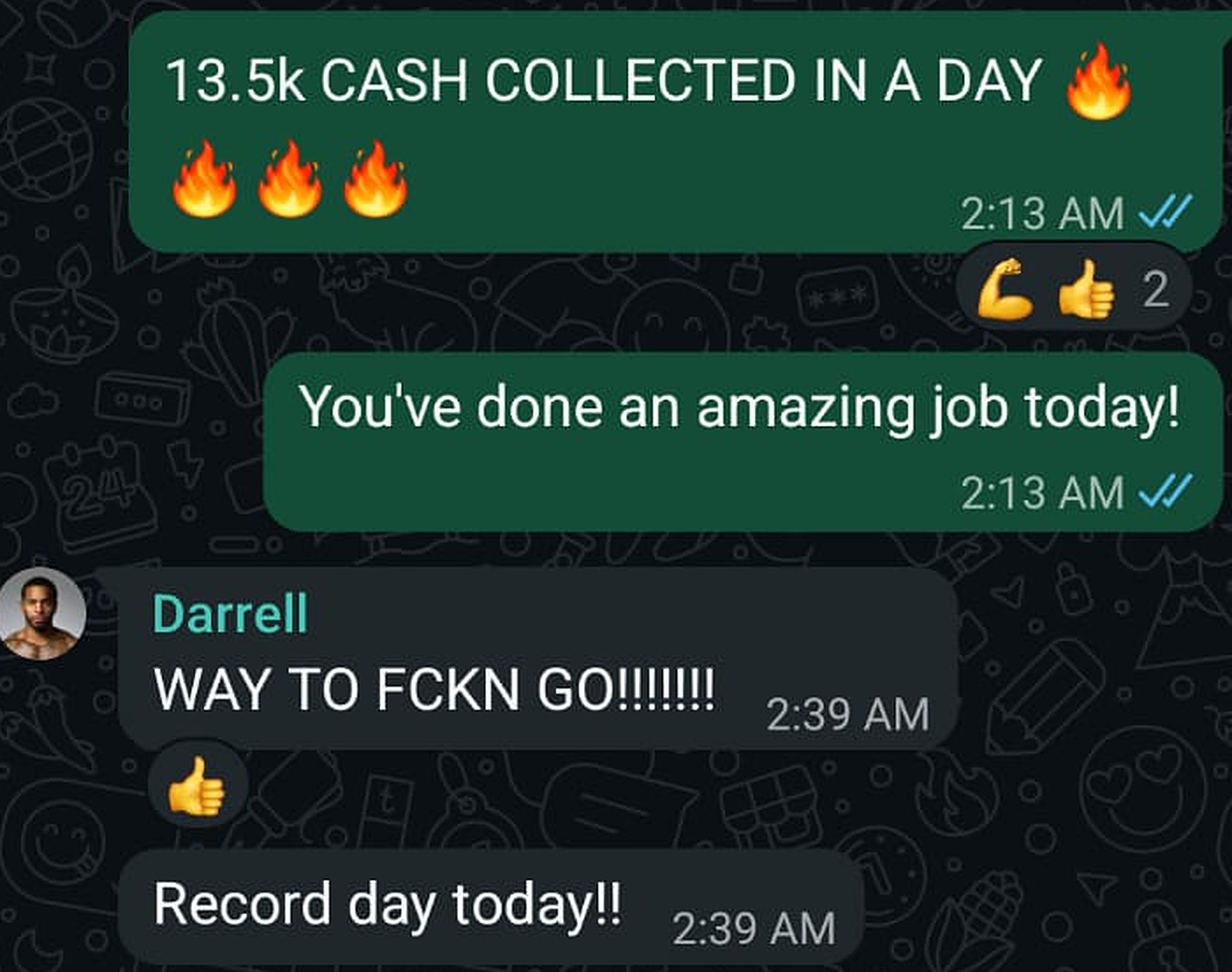 WhatsApp chat from the closer team: 13.5k cash collected in a day, record day today